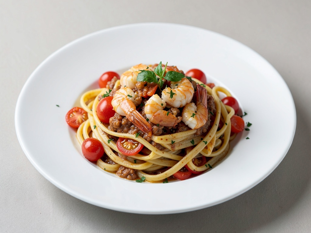 Pasta mit Tomaten und Garnelen
