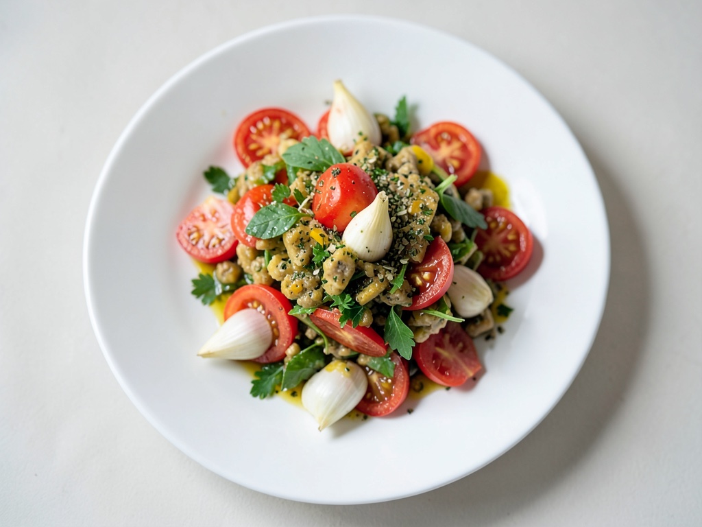 Salade fraîche de tomates et légumes avec vinaigrette aux herbes