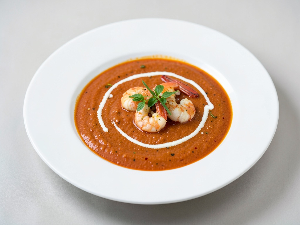 Sopa cremosa de tomate y coco con gambas
