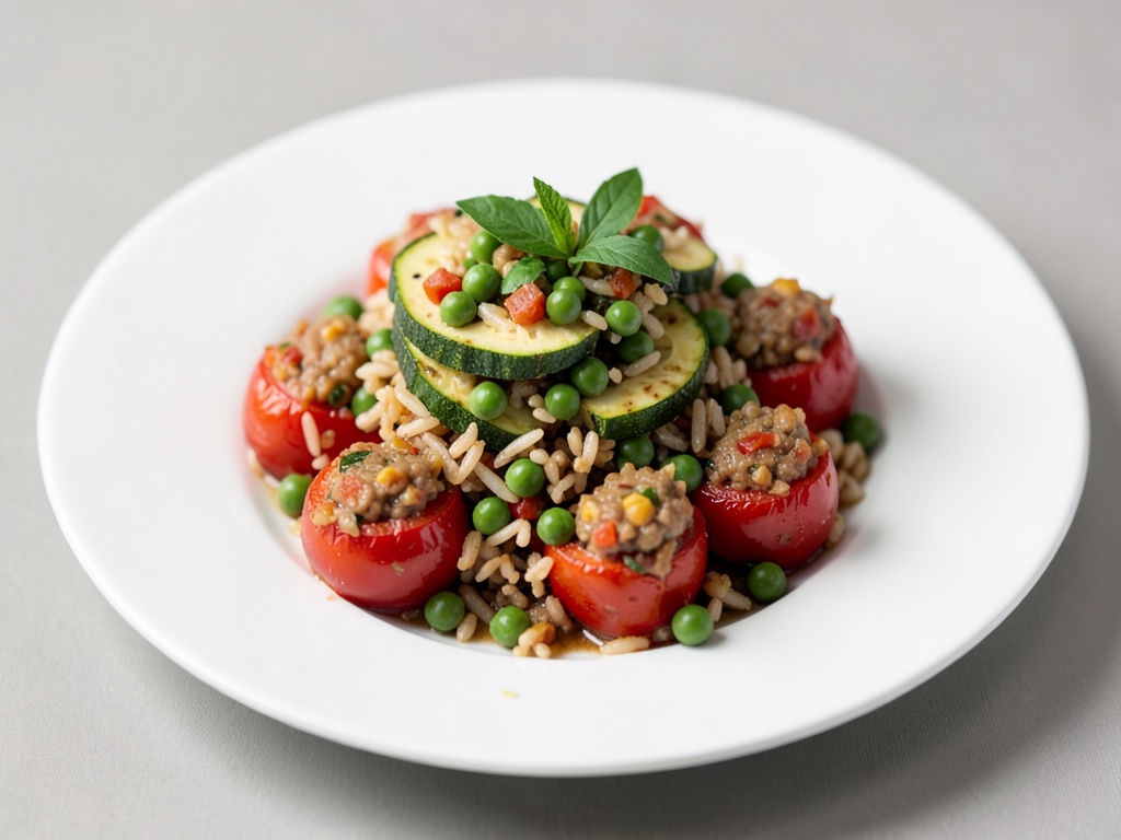 Tomates farcies au riz, aux pois et à la courgette