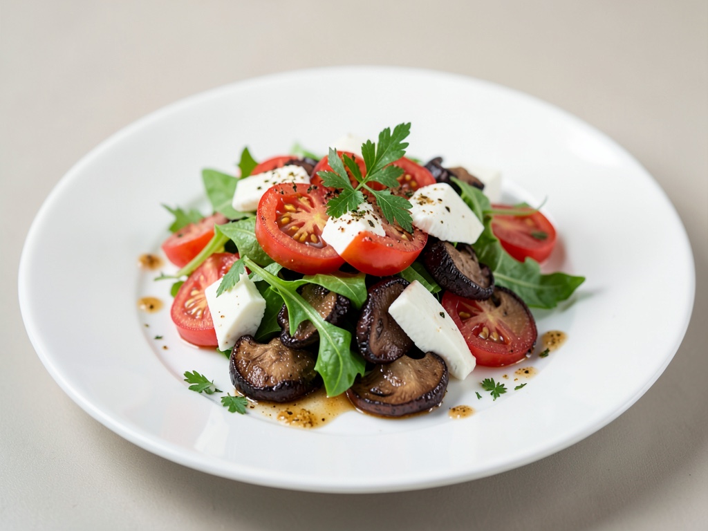 Insalata fresca di pomodori e mozzarella con funghi chanterelle saltati