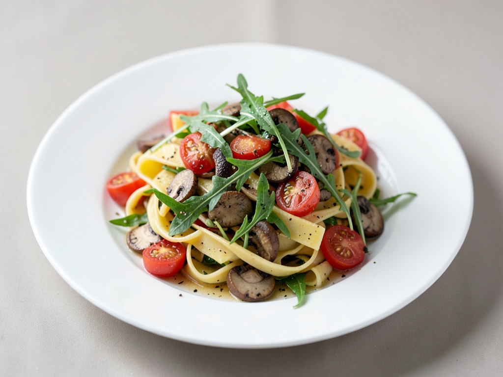 Insalata di pasta fresca con pomodorini, funghi e rucola