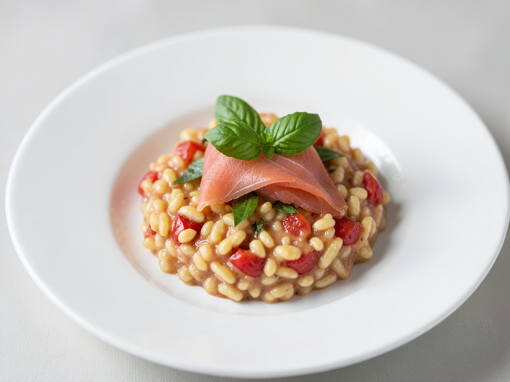 Risotto cremoso al pomodoro con salmone affumicato e basilico fresco