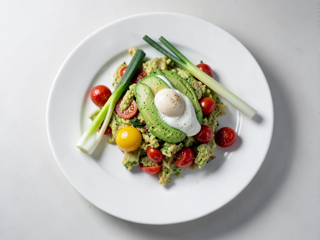 Huevos revueltos con tomate, aguacate y queso