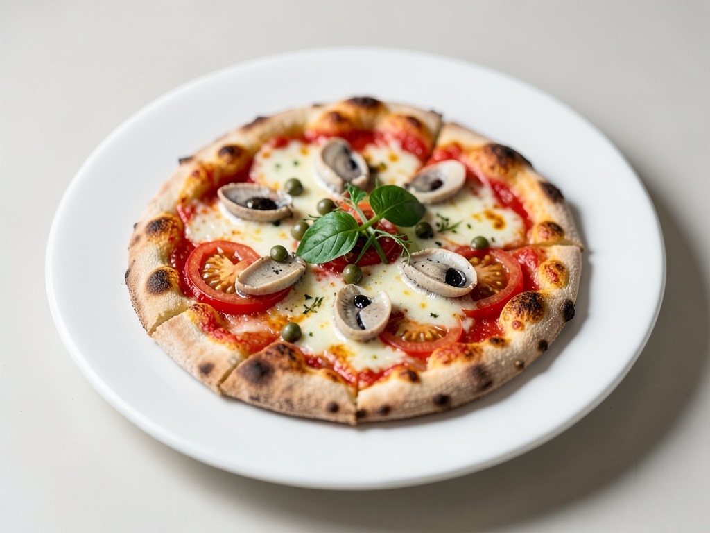 Piccola pizza con pomodoro, alici e capperi