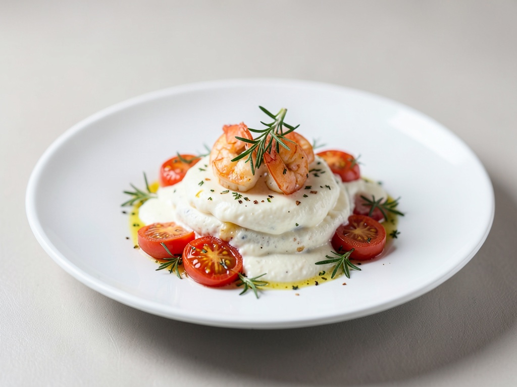 Tomate al timo con gamberi su crema di formaggio e panna