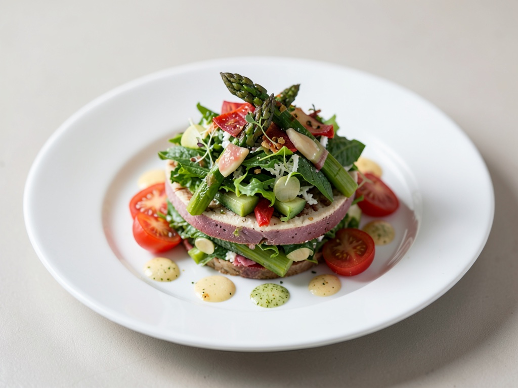 Insalata stratificata colorata con asparagi e pomodori