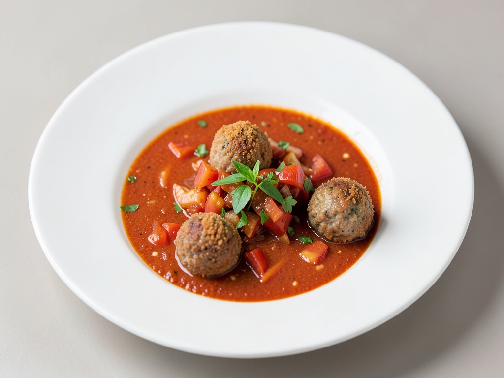 Sopa sabrosa de tomate y cebolla con albóndigas fritas