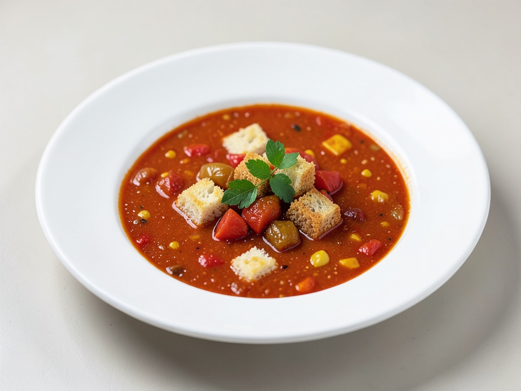 Zuppa di verdure e pomodori saporita con crostini