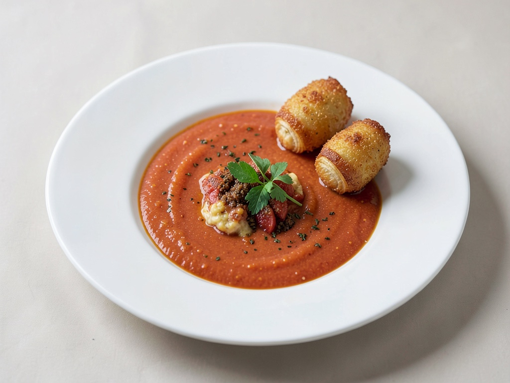 Zuppa di pomodori cremosa con rotolini di pasta sfoglia croccanti