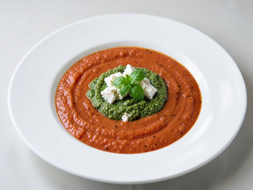 Soupe crémeuse à la tomate, chèvre et pesto au basilic