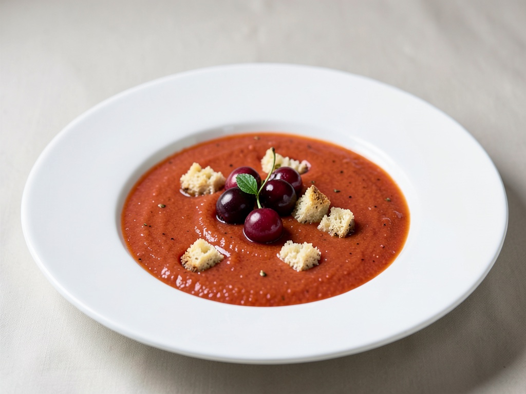 Zuppa fredda di pomodori con ciliegie e crostini