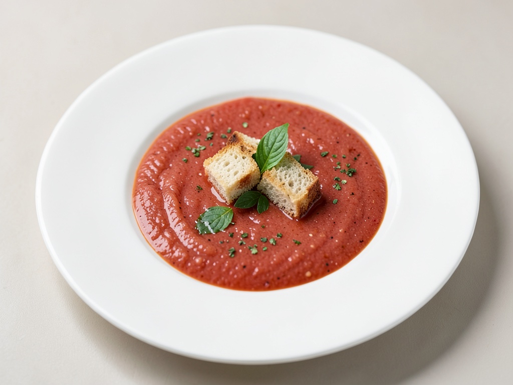 Zuppa fredda di pomodori freschi con crostini di pane croccanti