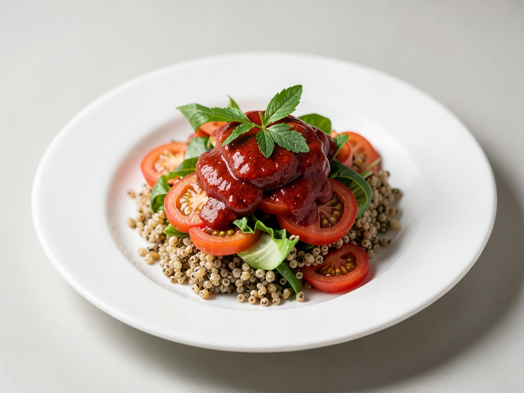 Salade de tomates avec vinaigrette Bloody Mary et quinoa aux noix