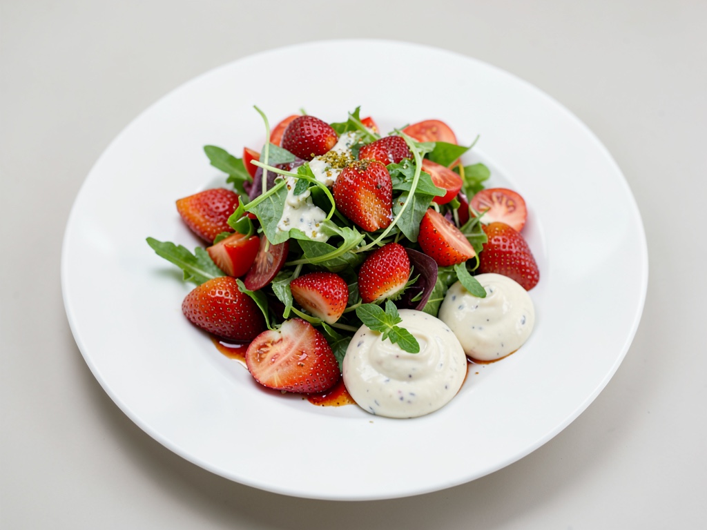Insalata colorata con pomodori, fragole e due creme spalmabili