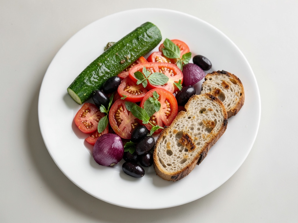 Insalata di pomodori e zucchine shakerata con toast croccante