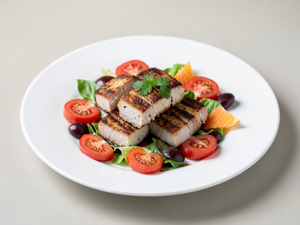 Cubes de dinde grillés sur salade fraîche tomate-pamplemousse