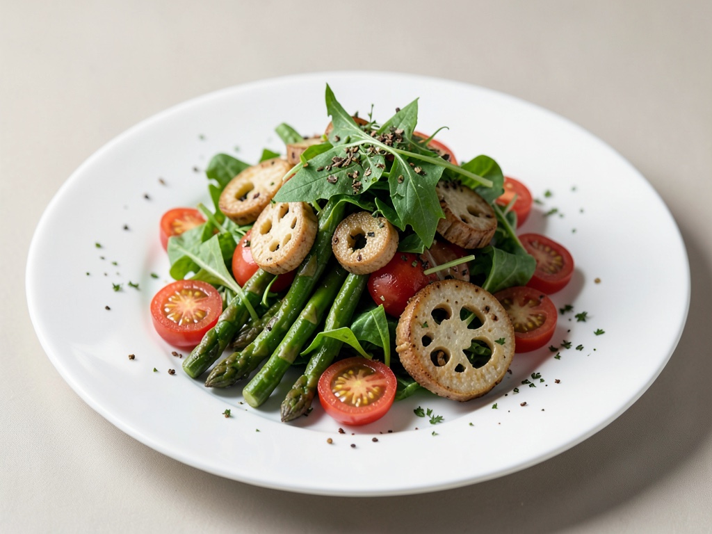 Insalata fresca con asparagi verdi, pomodori e cuori di palma