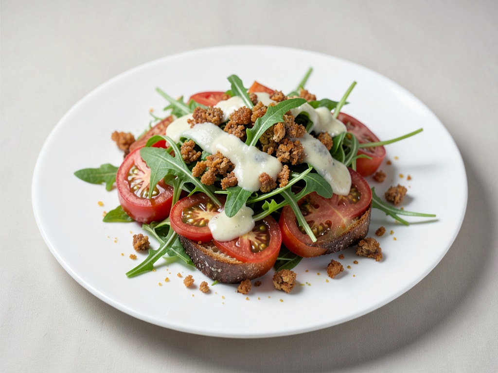 Insalata fresca di pomodori e rucola con bruschette croccanti al formaggio