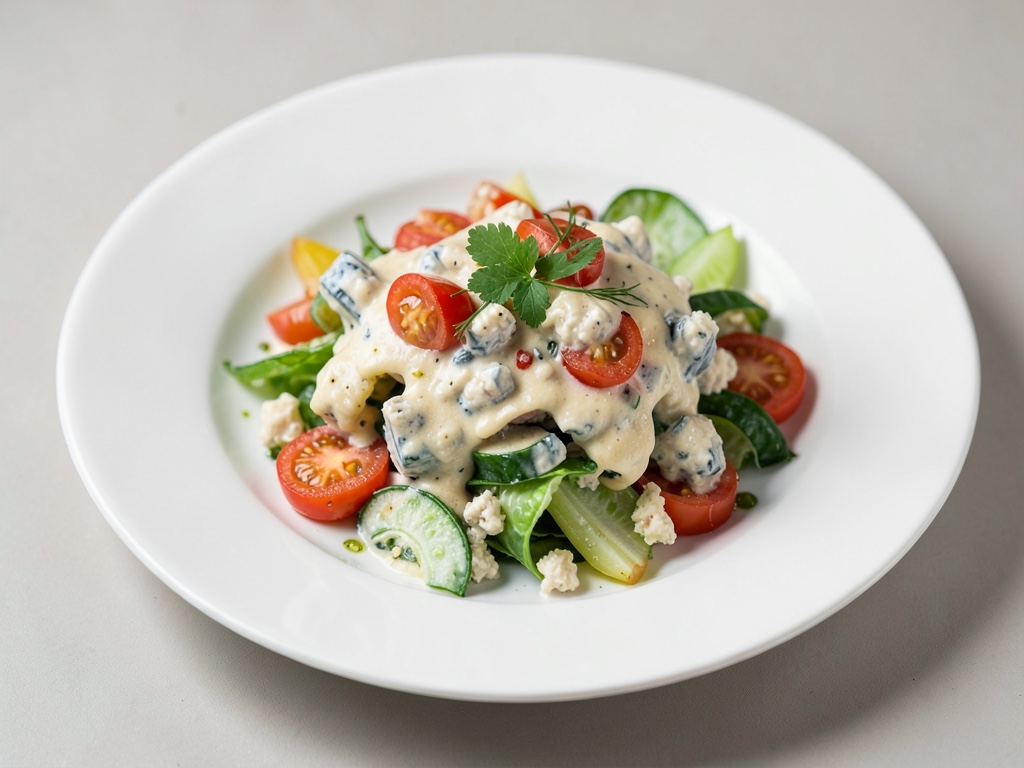Insalata cremosa al formaggio erborinato e pomodoro con verdure croccanti