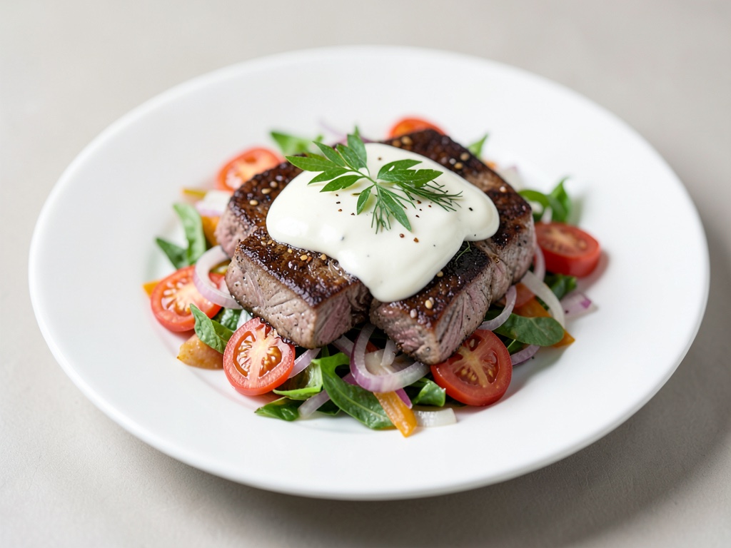 Bistecche di tonno su insalata di pomodori e cipolle con vinaigrette alla vaniglia
