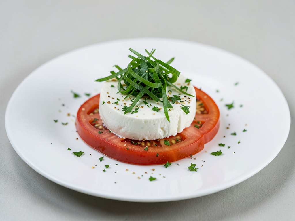 Ricotta con cipollotti su fette di pomodoro