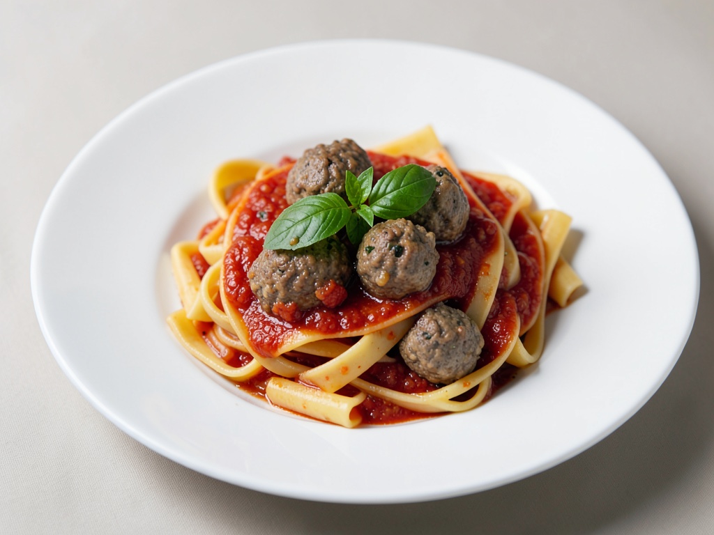 Nudeln mit Fleischbällchen in Tomatensoße