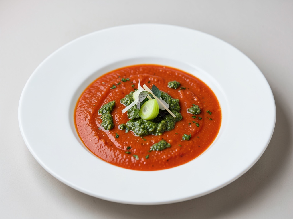 Soupe provençale aux tomates avec pesto aux oignons de printemps