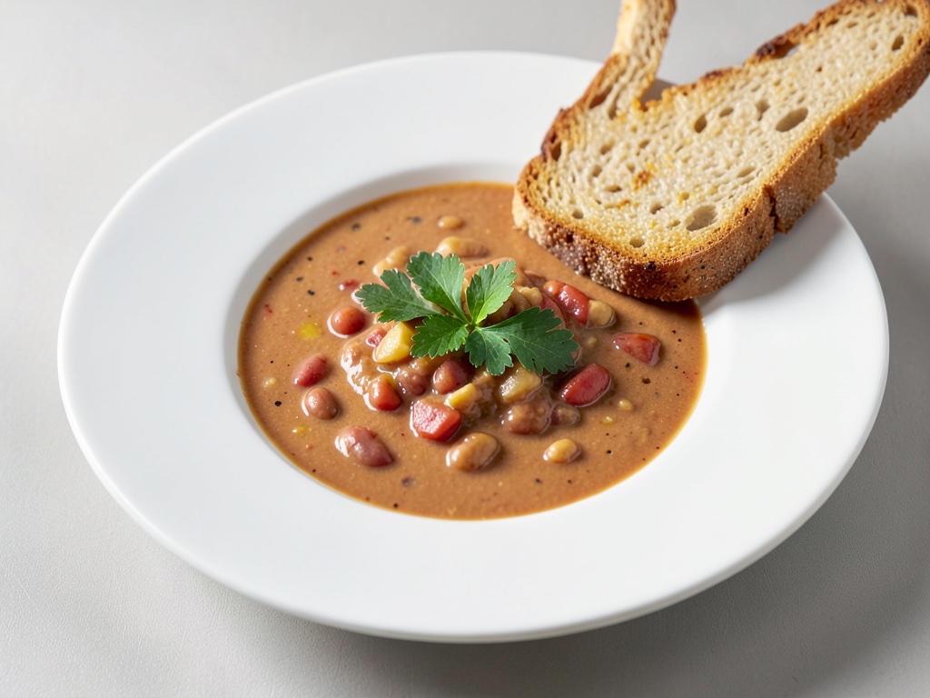 Sopa cremosa de tomate y frijoles con crujiente pan de ajo