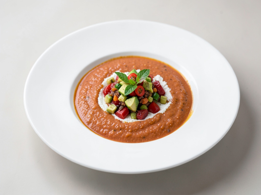 Zuppa di pomodori cremosa con salsa fresca di avocado e peperoncino