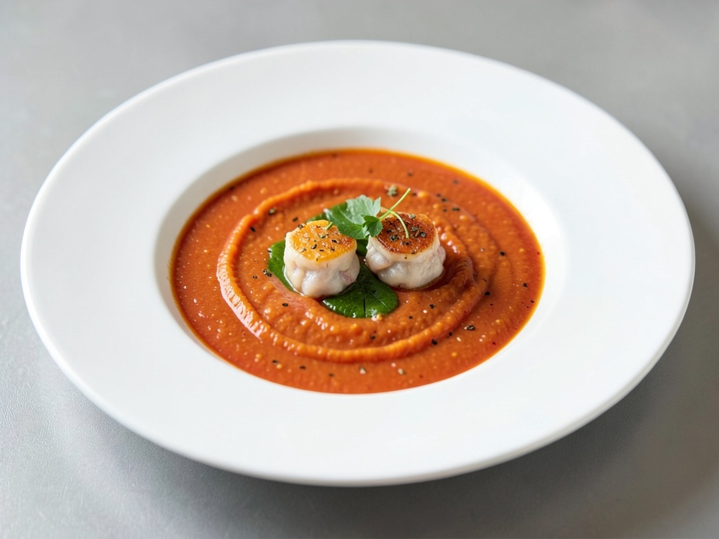 Zuppa di pomodori cremosa con delicate polpette di pesce