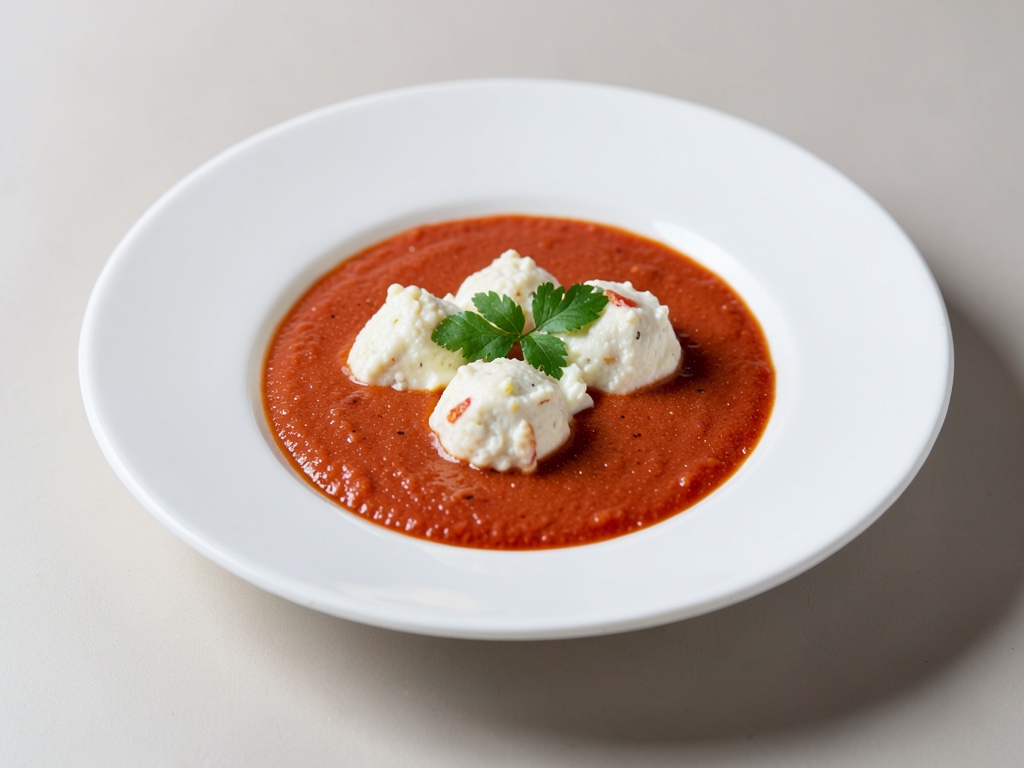Zuppa di pomodori cremosa con polpette di formaggio fresco soffici
