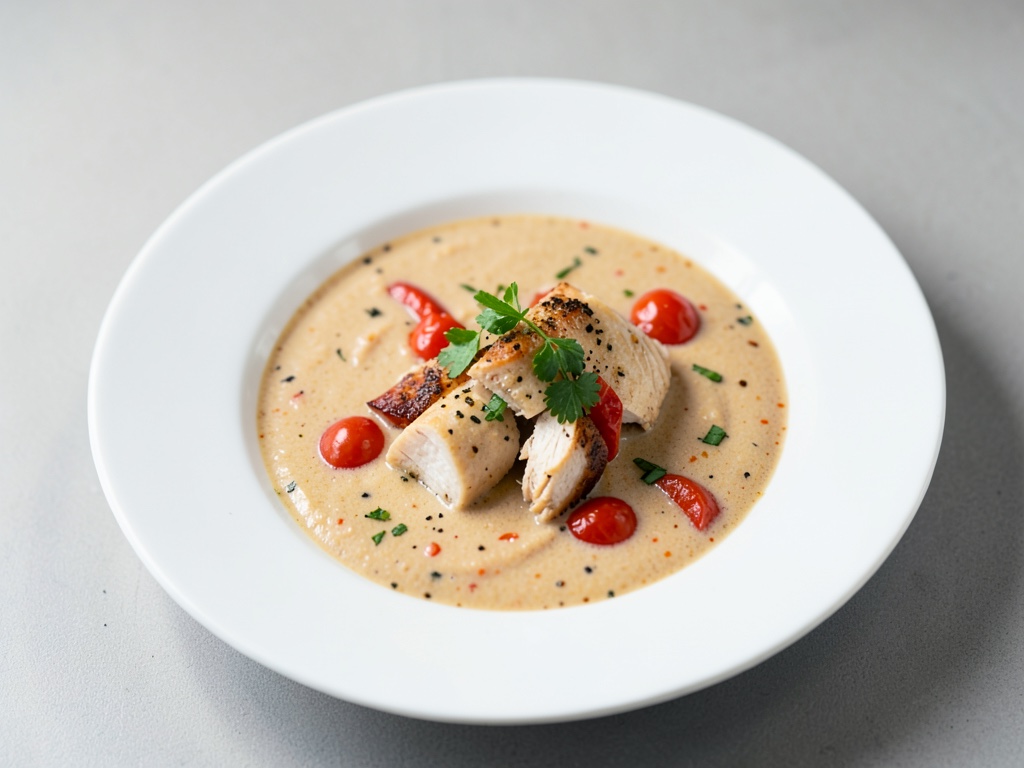 Soupe crémeuse aux tomates et au lait de coco avec poulet