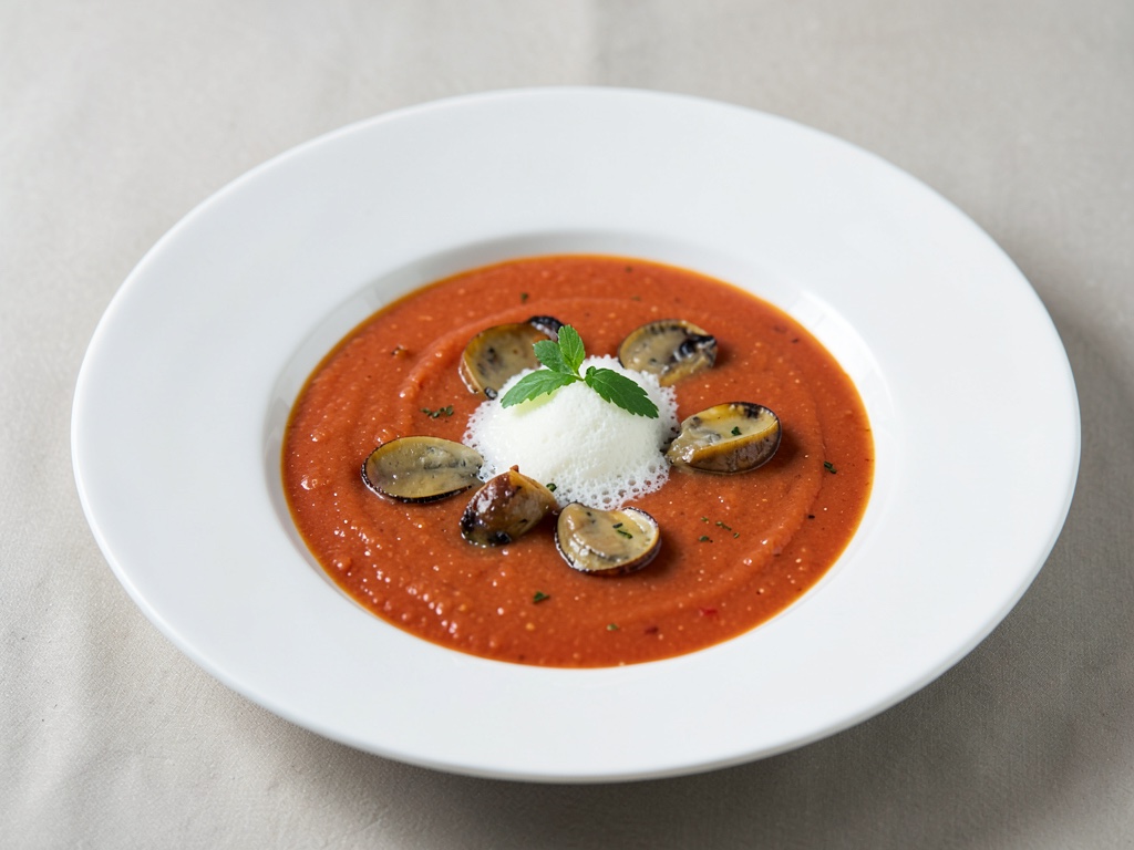 Zuppa di pomodori cremosa con cozze e schiuma di latte