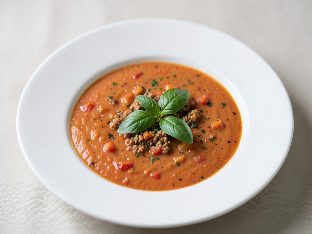Zuppa cremosa di pomodori e carote con basilico fresco