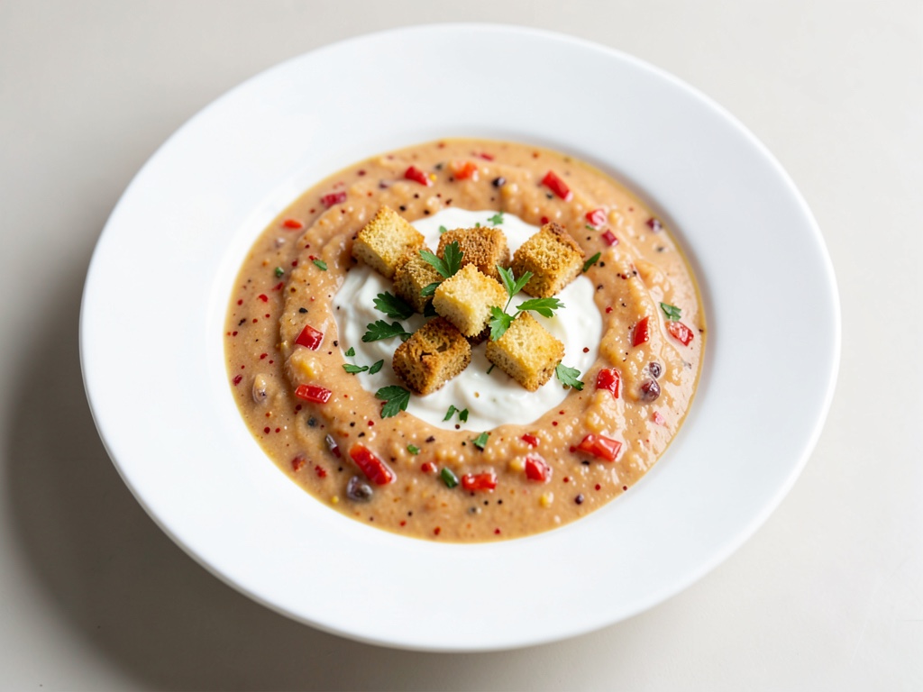 Zuppa cremosa di pomodori e peperoni con crostini croccanti