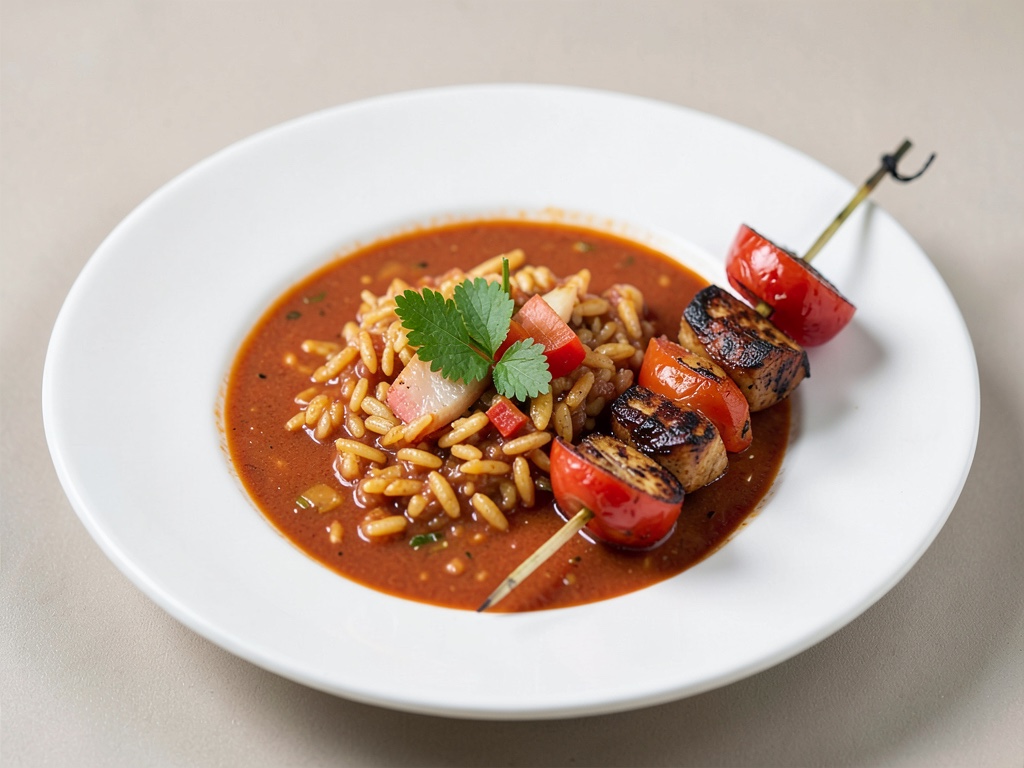 Zuppa aromatica di riso al pomodoro con spiedini di pomodoro alla griglia
