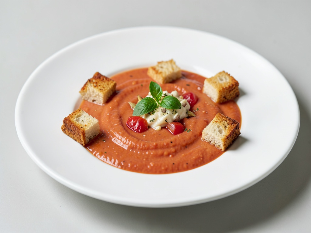 Zuppa di pomodori cremosa con cubetti di pane croccanti