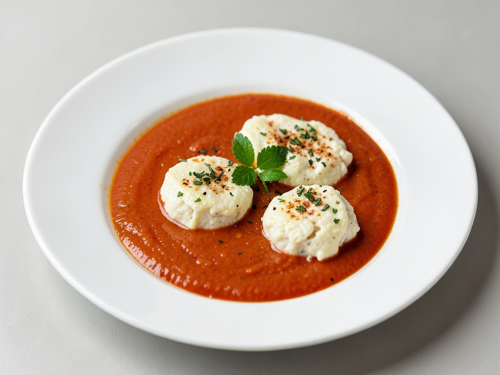 Soupe de tomates crémeuse avec boulettes de fromage de chèvre moelleuses