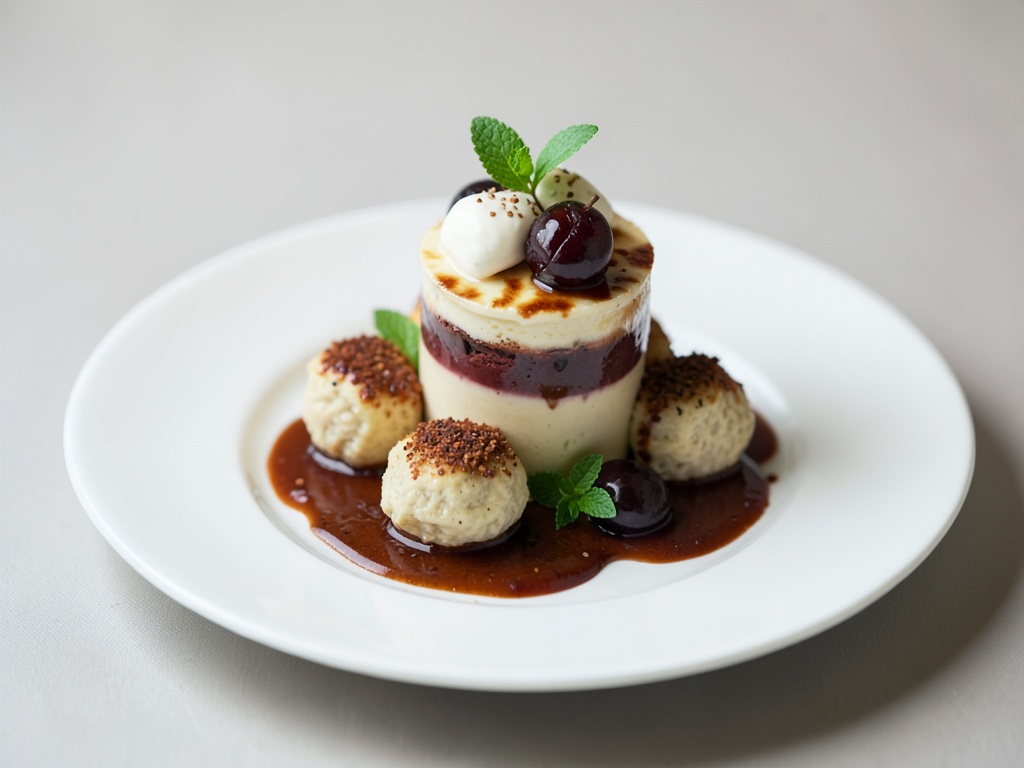 Parfait alla cannella con gnocchi di quark e salsa di prugne