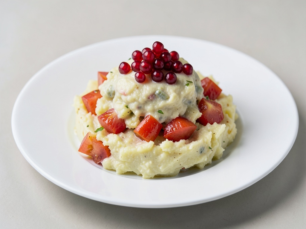 Crema di topinambur e patate con pomodori e topping di melograno