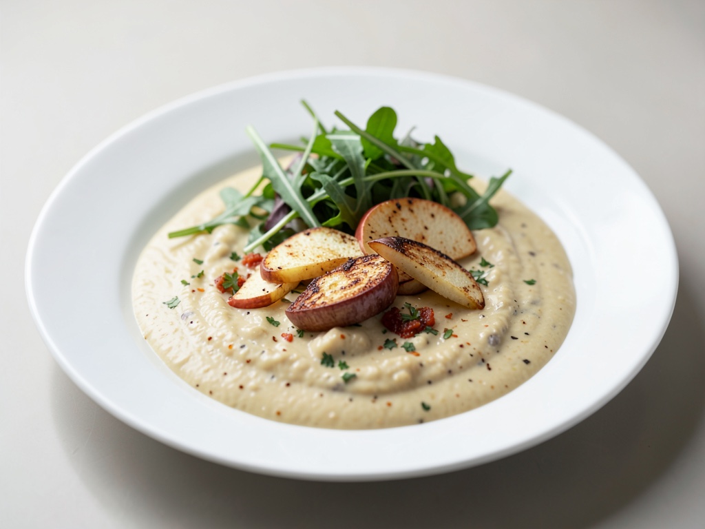 Zuppa cremosa di topinambur con insalata croccante di mela e rucola