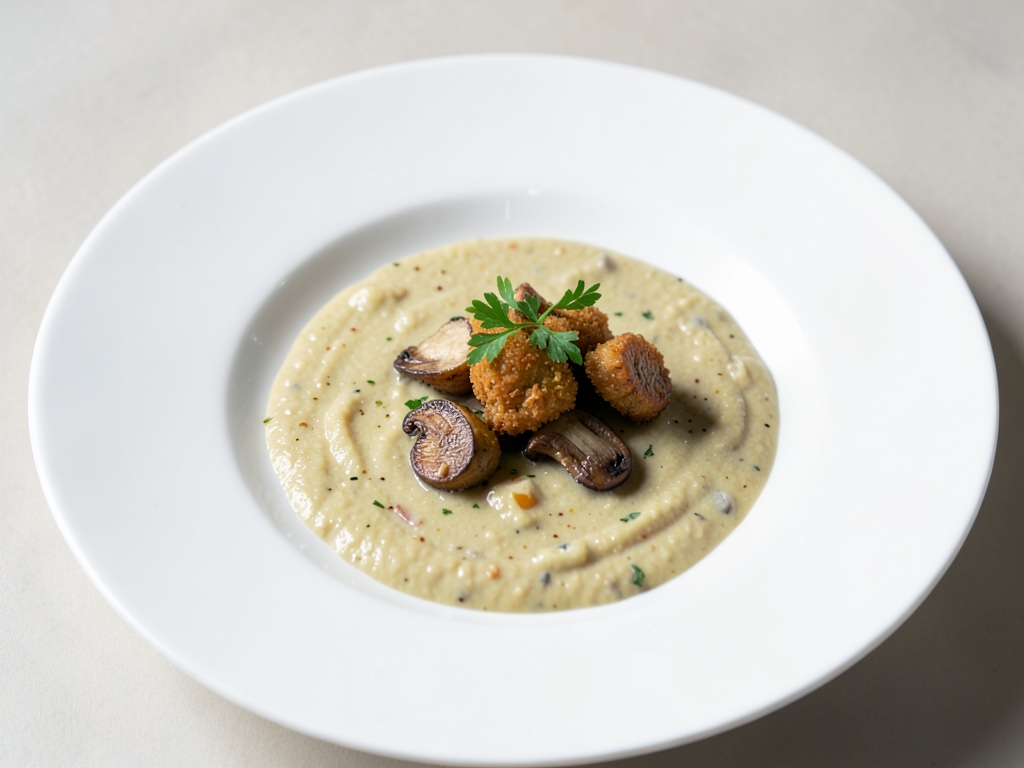 Soupe crémeuse de topinambour aux champignons sautés