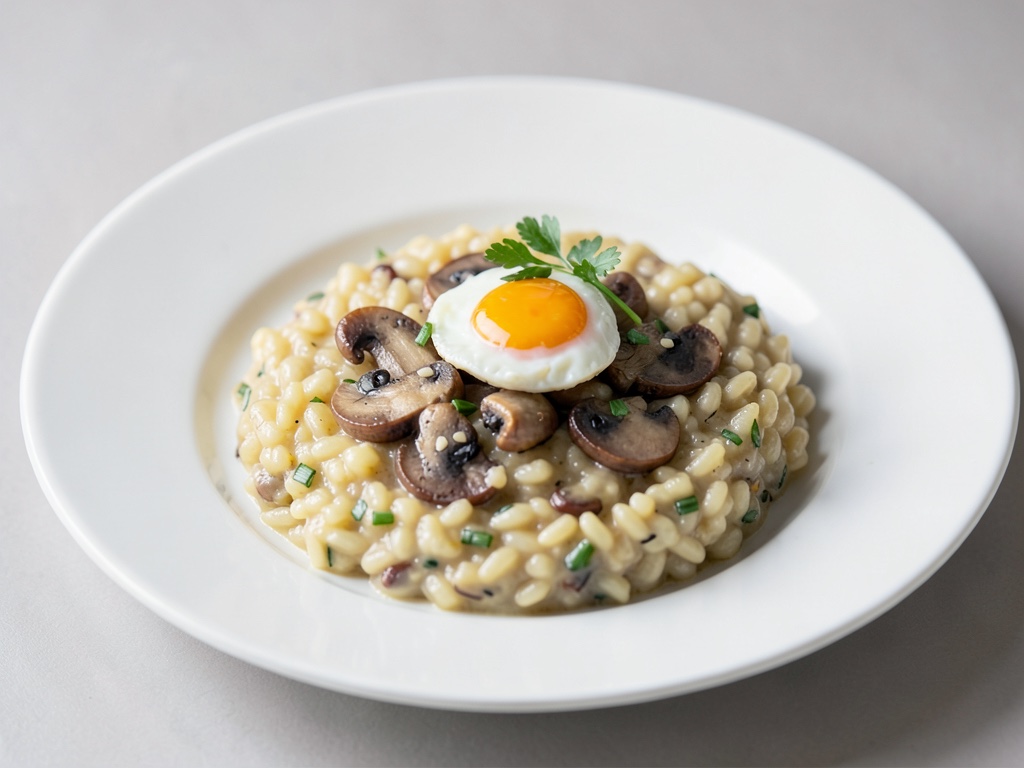 Risotto cremoso di topinambur con funghi e uovo poché