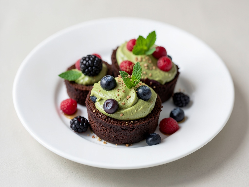 Tortine al cioccolato e avocado con frutti di bosco freschi