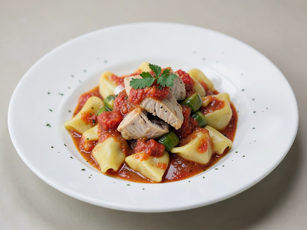 Tortellini di pollo in salsa di pomodori e zucchine