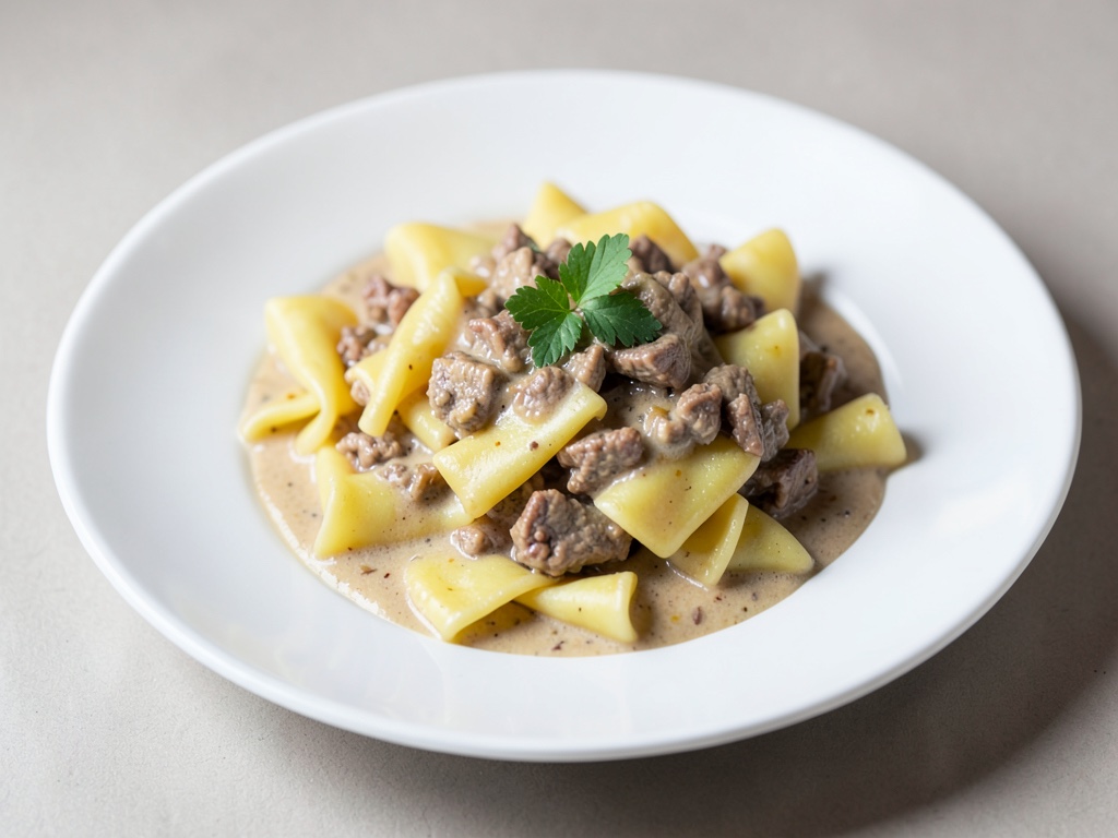 Tortellini in cremiger Puten-Gulasch-Soße