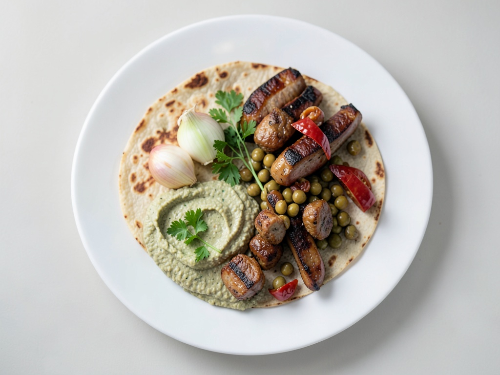 Tortilla con polpette di ceci, verdure alla griglia e hummus
