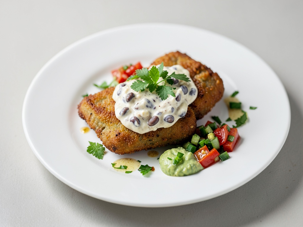 Bocados crujientes de tortilla con crema de frijoles, guacamole y salsa fresca