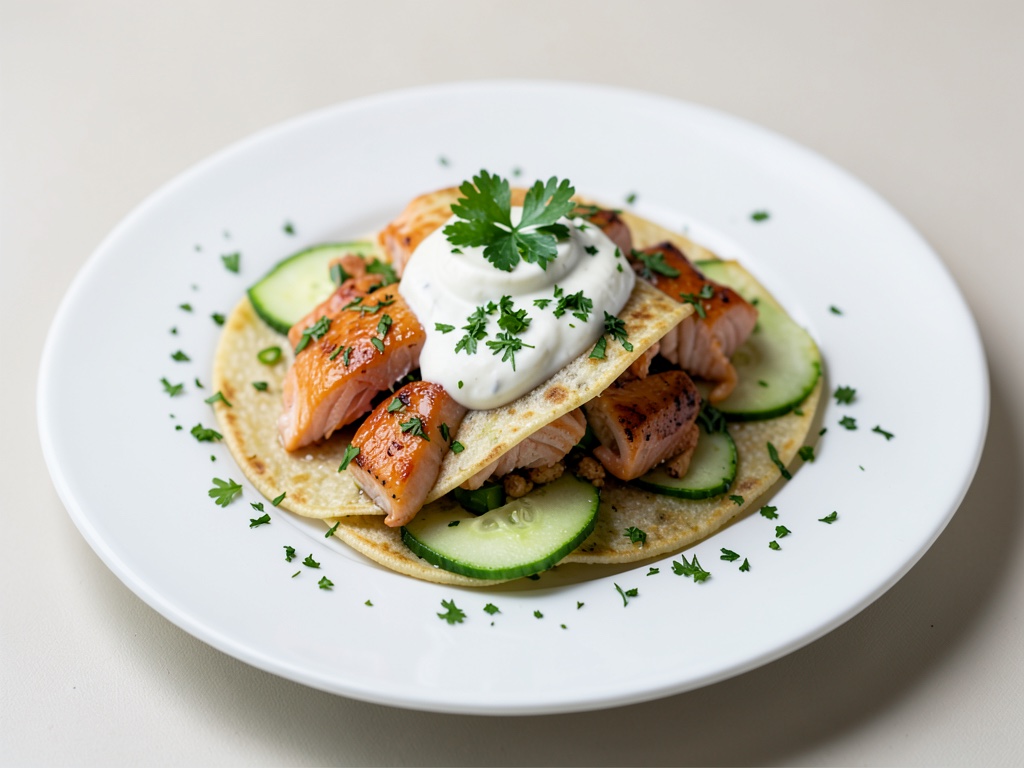Tortillas de salmón y pepino con salsa de yogur